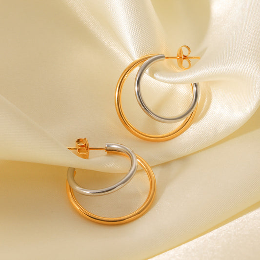 Double-layer Linear Titanium Steel Earrings for Women, Light Luxury, High-end Stainless Steel Color-block Earrings, Cross-border, Non-fading Earrings