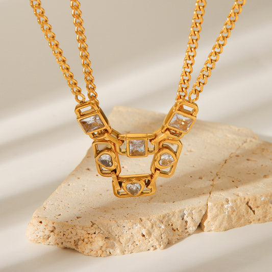 Stainless Steel Necklace Fashionable Vintage Square Inlaid Rhinestone Necklace Non-fading Jewelry for Women