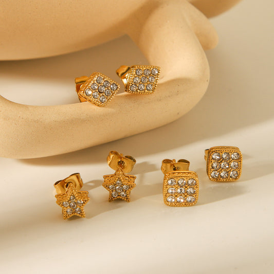 18K Gold Stainless Steel Star Earrings with A Geometric Design and Diamond Studded Earrings for Women, Fashionable and Versatile Titanium Steel Earrings
