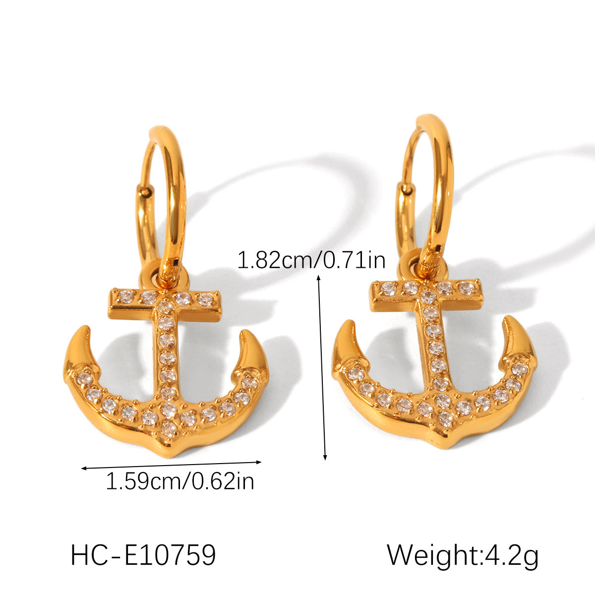 18K Gold Stainless Steel Anchor Earrings with Diamond Studs, Women's Light Luxury High-end Titanium Steel Earrings