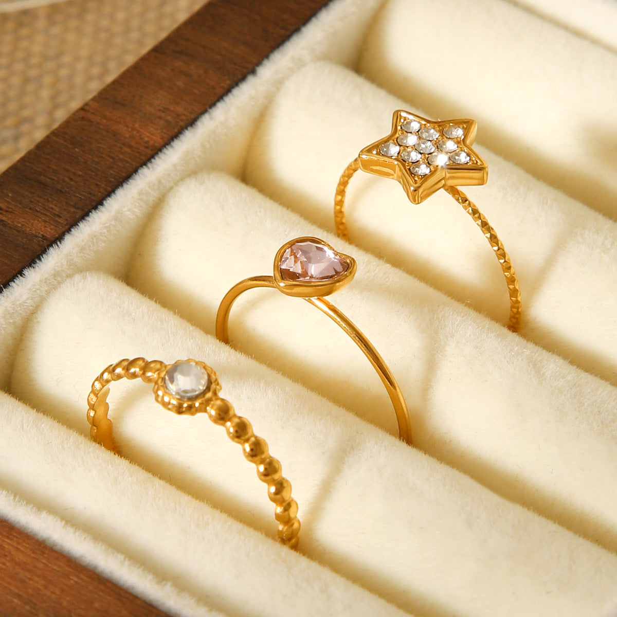 18k Gold Stainless Steel Heart Zircon Ring with Five-pointed Star Diamond-encrusted Open Ring