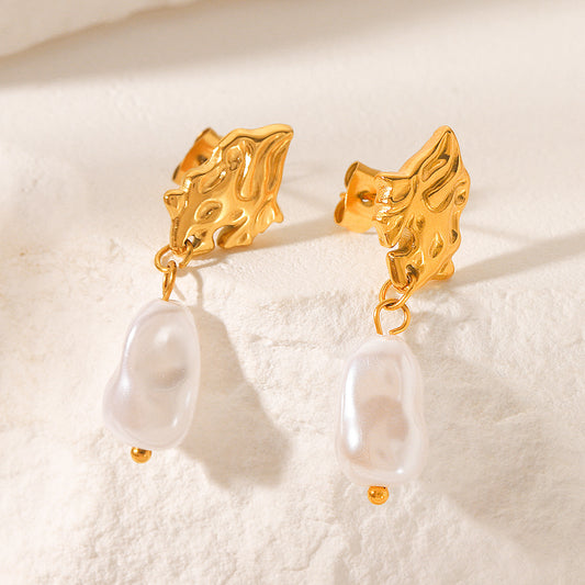 Irregular Titanium Steel Earrings 18k Gold Stainless Steel Earrings, Women's Retro Temperament Pearl Earrings