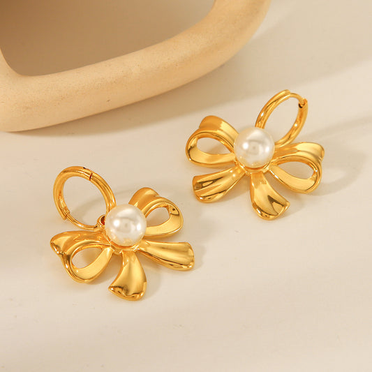 18K Gold Stainless Steel Bow Pearl Pendant Earrings for Women's Fashion Temperament Titanium Steel Earrings