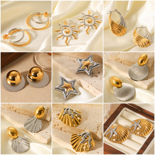 Fashionable High-end Gold and Silver Color-matching Stainless Steel Earrings for Women, Geometric Pentagram Shell Titanium Steel Earrings