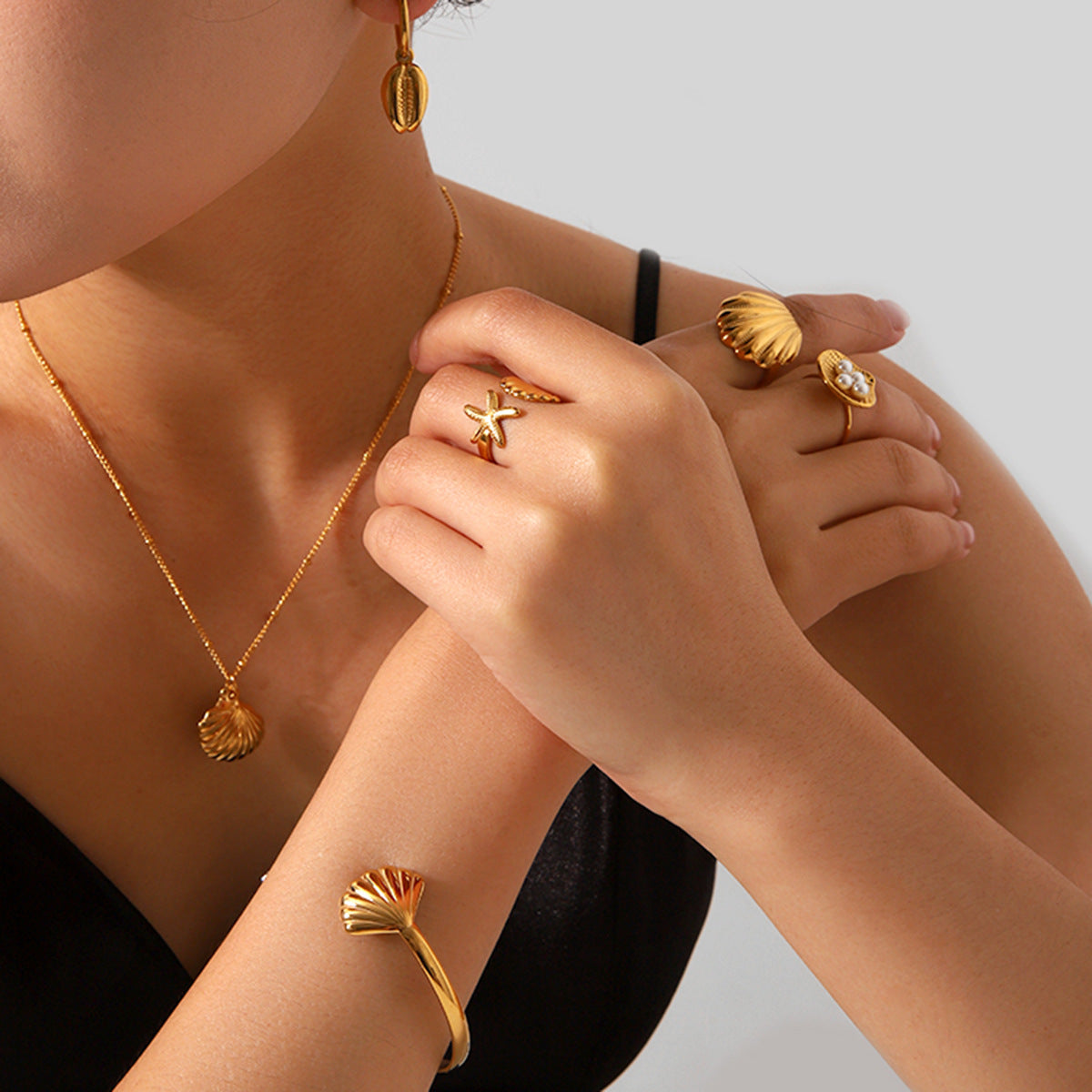 Stainless Steel Shell Pendant Necklace, Color Blocked Starfish Shell Bracelet, Women's Ocean Element Titanium Steel Ring