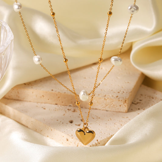 Stainless Steel Heart-shaped Pendant, Double-layered, Worn with Pearl Necklace, Women's High-end Clavicle Chain, Titanium Steel Necklace