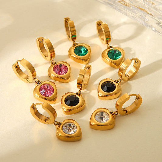 18K gold stainless steel jewelry heart pendant zircon earrings women's light luxury high-end titanium steel earrings