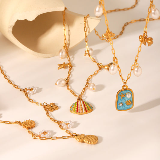 Ocean Wind Drip Oil Stainless Steel Starfish Shell Pearl Pendant Necklace Design Light Luxury Titanium Steel Clavicle Chain
