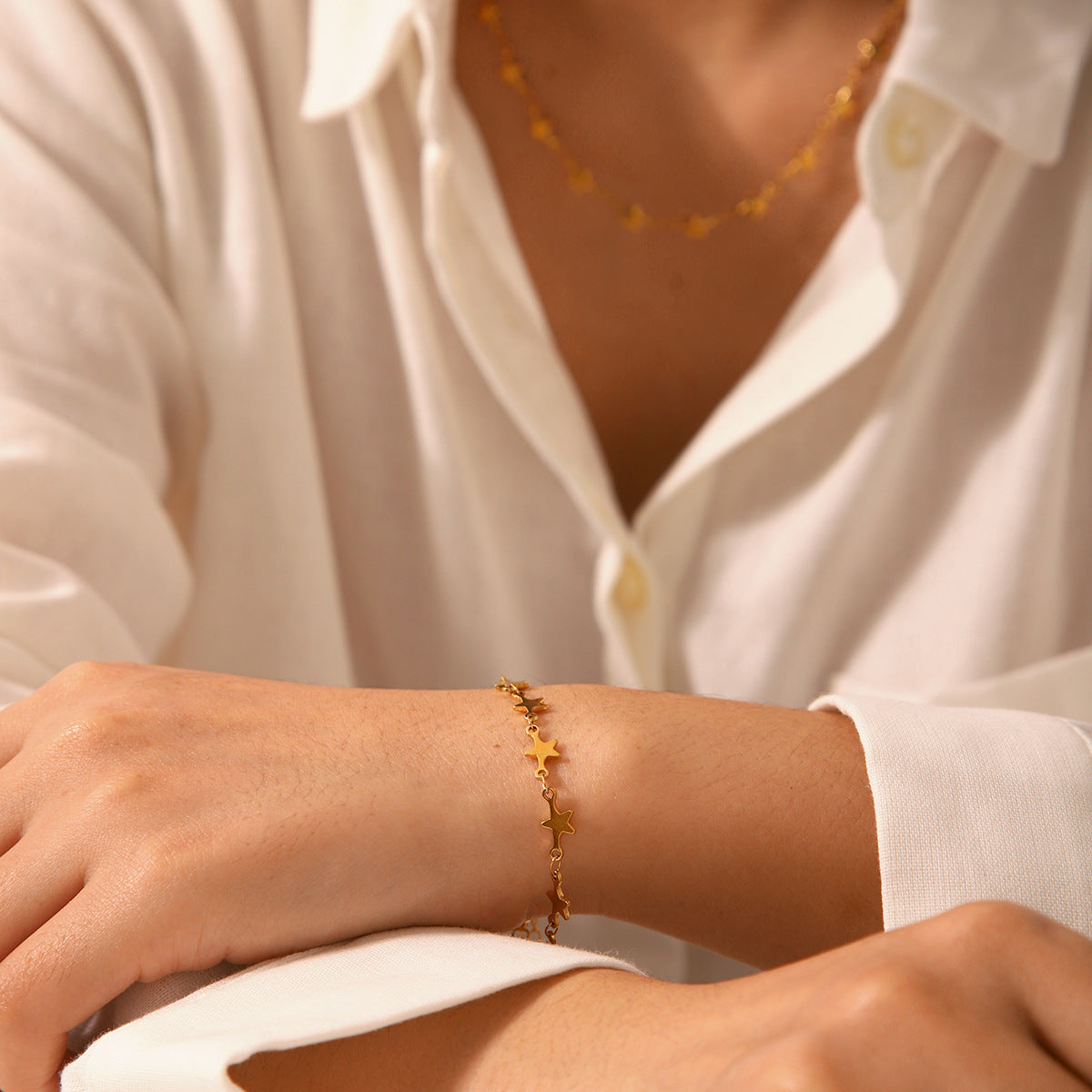 18K Gold Five-pointed Star Chain Stainless Steel Necklace Women's Fashion Ins Titanium Steel Non-fading Star Bracelet