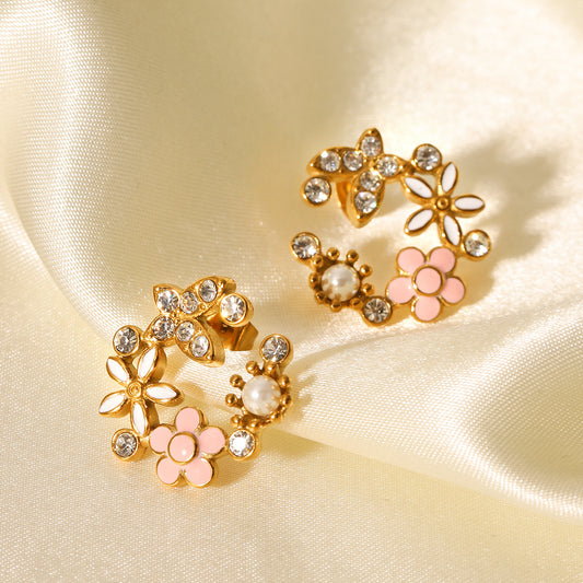 Flower earrings, 18K gold stainless steel, butterfly design with zircon, pearl drop earrings, women's flower garland earrings