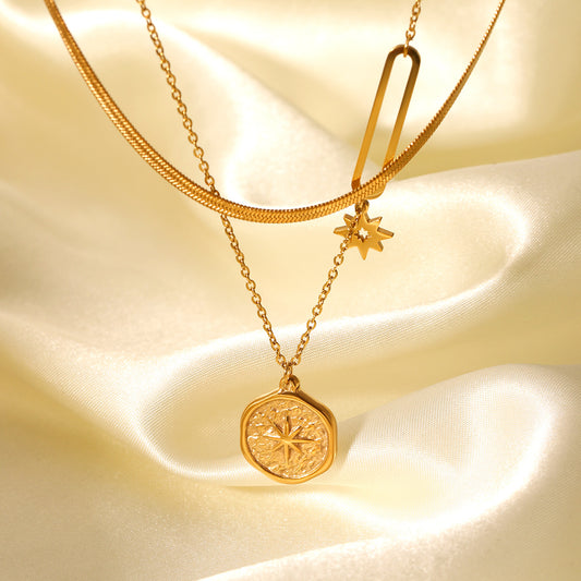 Double-layered Stainless Steel Necklace with Embossed Eight-pointed Star Pendant and Titanium Clavicle Chain
