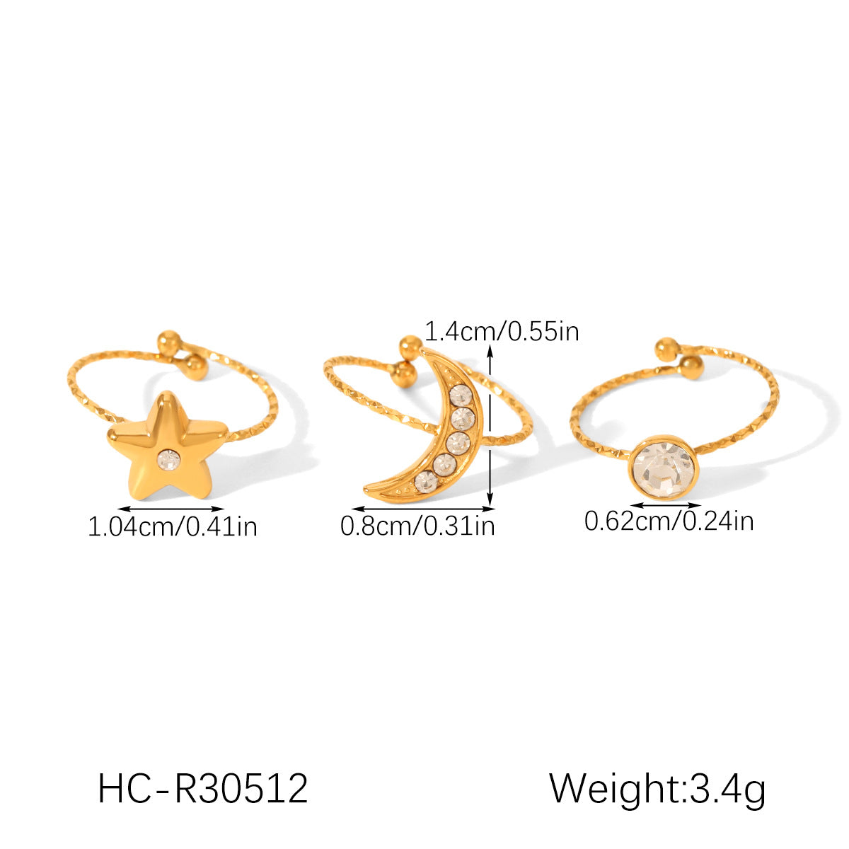 Stainless Steel Star Moon Zircon Ring for Women, Non-Fading Titanium Steel Ring, Unisex Design, Open Ring