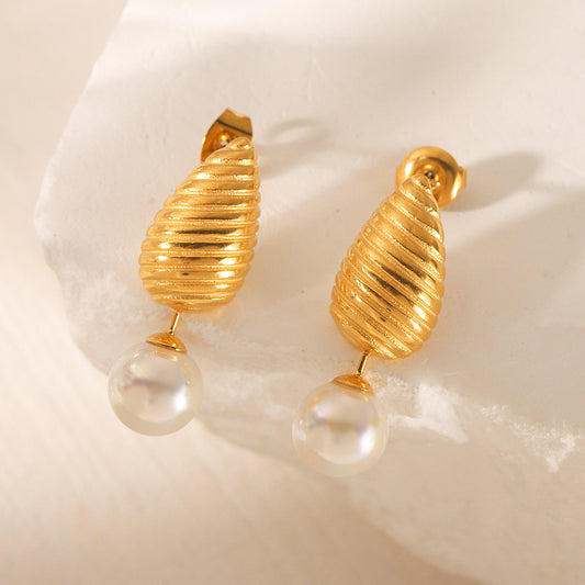 Pearl Earrings, Drop-shaped Threaded Stud Design, 18k Gold Stainless Steel Earrings for Women