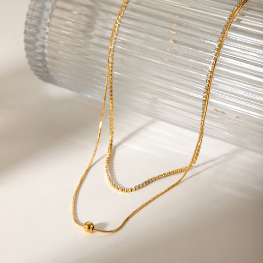 18k Gold Double-layer Necklace for Women, Stainless Steel, Fashionable and Simple Zircon Chain, High-end Necklace