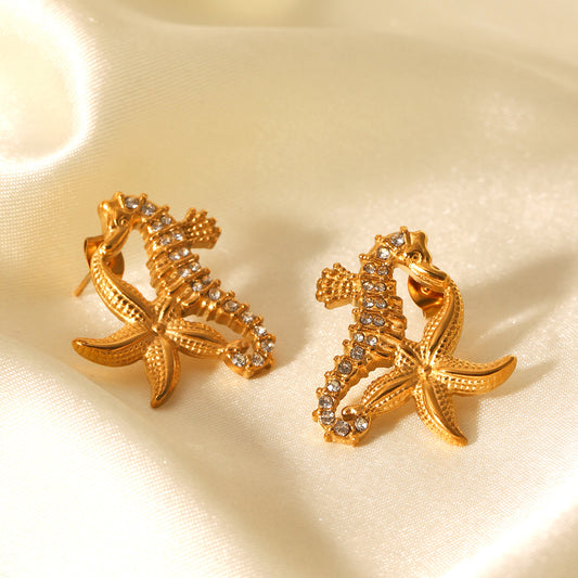 Ocean Wind Stainless Steel Diamond-encrusted Seahorse Earrings, Non-fading, Niche, High-end, Titanium Steel Starfish Earrings