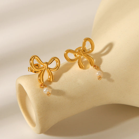 Fashionable 18K gold stainless steel bow earrings with freshwater pearl earrings, versatile earrings for women's temperament