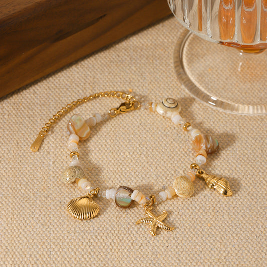 Stainless Steel Conch and Starfish Shell Bracelet for Women, Niche Design, Ocean-inspired Shell Bead Jewelry