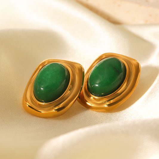French Vintage Palace Style Inlaid with Natural Stones, Stainless Steel Earrings for Women, Temperament Earrings, 18K Gold-plated Titanium Steel Earrings