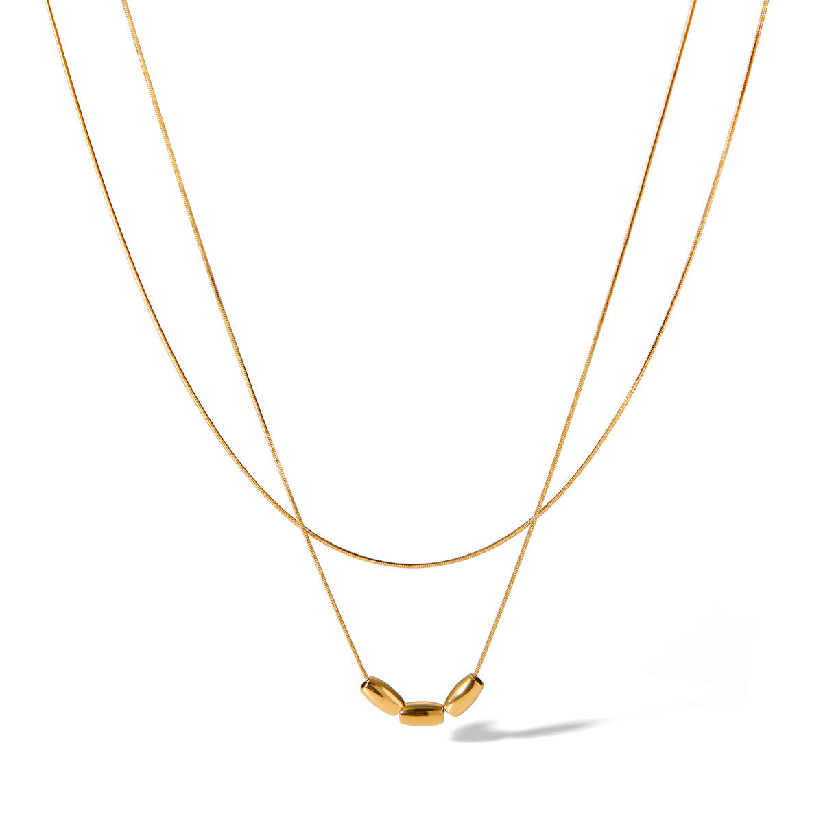 Simple 18k gold double-layer stackable necklace for women, stainless steel, cool style, beaded snake bone chain, does not fade