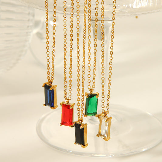 18K Gold Stainless Steel Geometric Pendant Necklace with Zircon, Women's Fashion Simple Titanium Steel Necklace