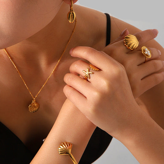 Stainless Steel Shell Pendant Necklace, Color Blocked Starfish Shell Bracelet, Women's Ocean Element Titanium Steel Ring