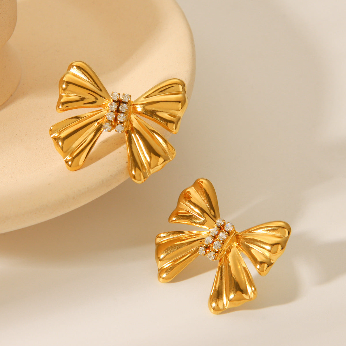 18K Gold Stainless Steel Bowknot Earrings with Diamond Studs, Women's Light Luxury Temperament, High-end Ear Jewelry