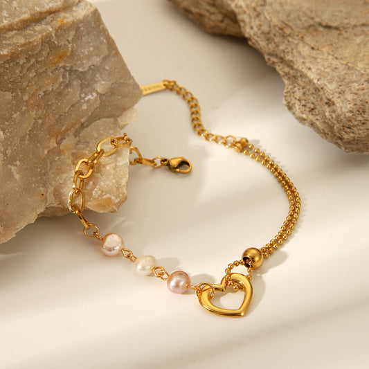 Love Pendant Stainless Steel Bracelet for Women, Vintage Style, Pearl Jewelry, Titanium Steel Jewelry