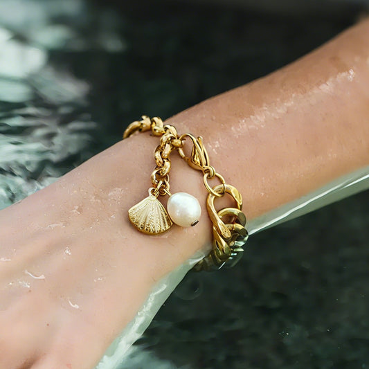 Elegant Shell-inspired Freshwater Pearl Bracelet, 18K Gold Stainless Steel Cuban Chain Bracelet for Women, Non-fading Jewelry