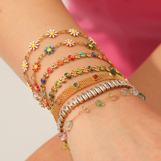 Bohemian-style Stainless Steel Bracelet with Oil-dripped Colored Zircon Hand Jewelry for Women, Non-fading Jewelry