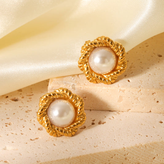 Stainless Steel 18K Gold-plated Earrings with Fried Dough Twists Pattern, Flower Design, and Pearl Accents for Women, Non-fading Titanium Steel Earrings