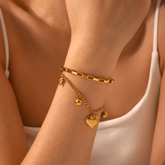 Fashionable and Personalized 18k Gold Stainless Steel Double-layer Stackable Bracelet for Women, Featuring A Design Sense and A Heart-shaped Pendant, Made of Titanium Steel