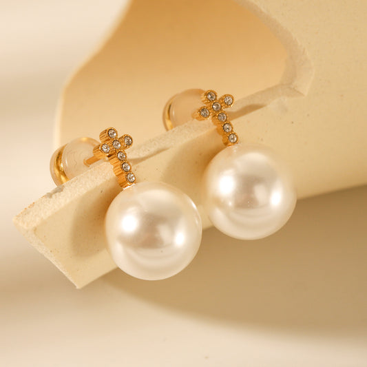 Pearl Earrings 18K Gold Stainless Steel Cross Inlaid with Diamonds Earrings for Women's Fashion Accessories