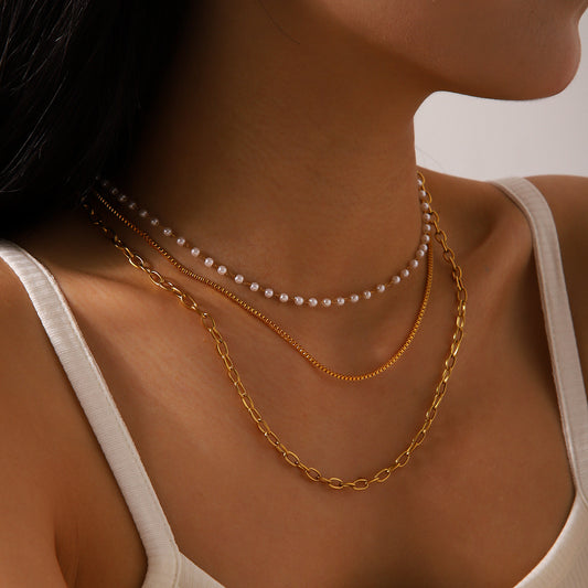18K Gold Stainless Steel Three-layer Necklace Pearl Collar Chain Women's High-level Necklace