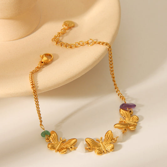 French Fashion Retro 18k Gold Stainless Steel Bracelet, Natural Stone Butterfly Bracelet, Women's Light Luxury Temperament Bracelet