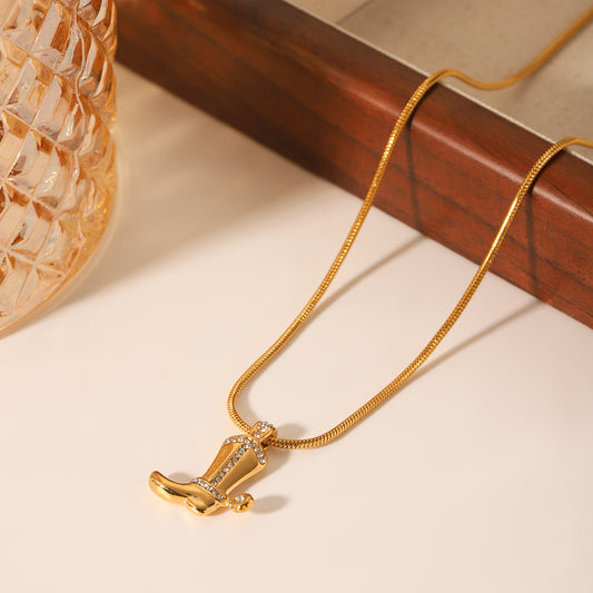 Fashionable and Personalized Stainless Steel Diamond-encrusted Cowboy Boots Pendant Necklace Hip-hop Trend Titanium Steel Snake Bone Chain Necklace