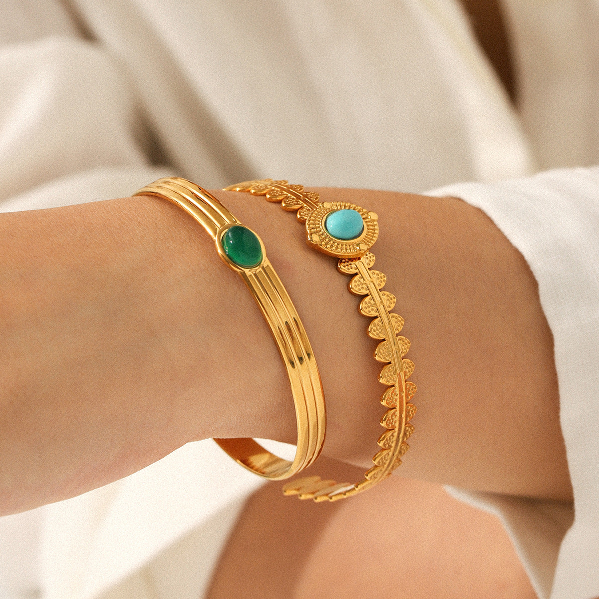 French Retro Green Agate Stainless Steel Bracelet - Versatile and Stylish Accessories, Turquoise Titanium Steel Open Bracelet, Fade-Resistant