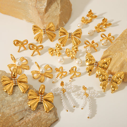 INS-style Titanium Steel Bowknot Earrings, 18K Gold Stainless Steel Butterfly Pearl Earrings, High-end Ear Jewelry