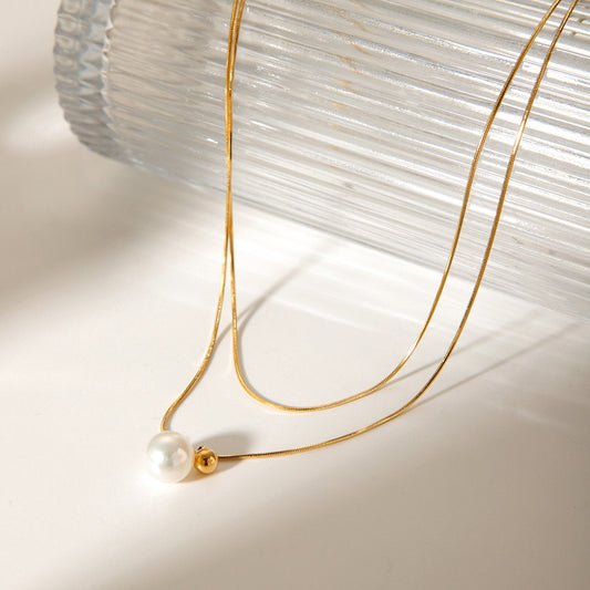 Stainless Steel Double-layer Layered Necklace for Women, Cold Style Pearl Pendant, Titanium Steel Neck Chain That Does Not Fade