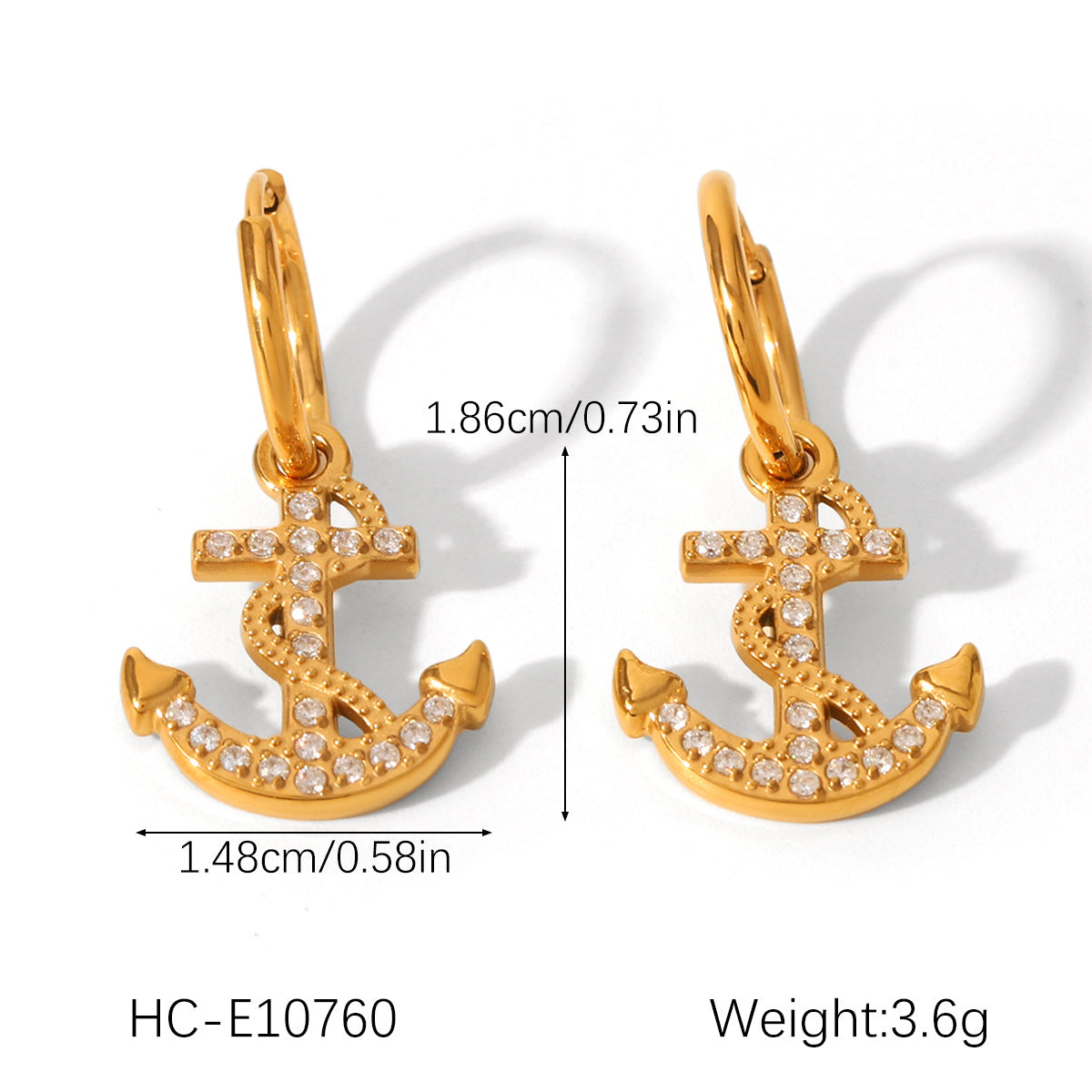 18K Gold Stainless Steel Anchor Earrings with Diamond Studs, Women's Light Luxury High-end Titanium Steel Earrings