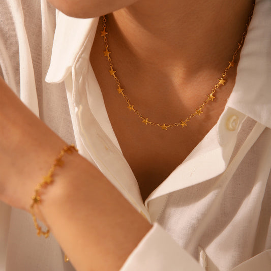 18K Gold Five-pointed Star Chain Stainless Steel Necklace Women's Fashion Ins Titanium Steel Non-fading Star Bracelet