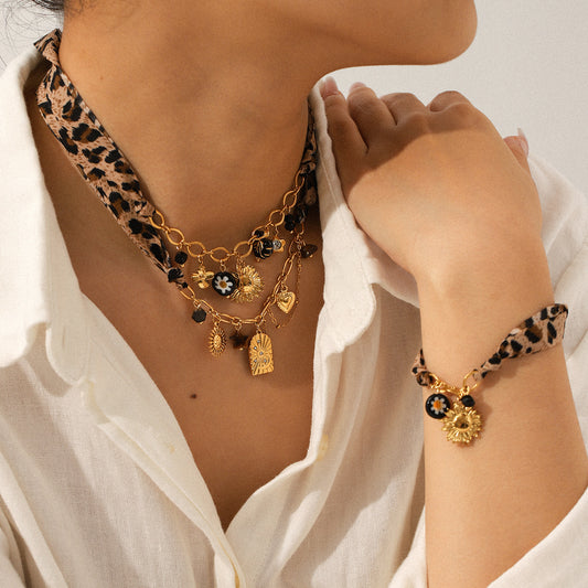 Stainless Steel Flower Sun Heart DIY Jewelry Pendant Leopard Print Necklace Butterfly Daisy Leopard Print Bracelet