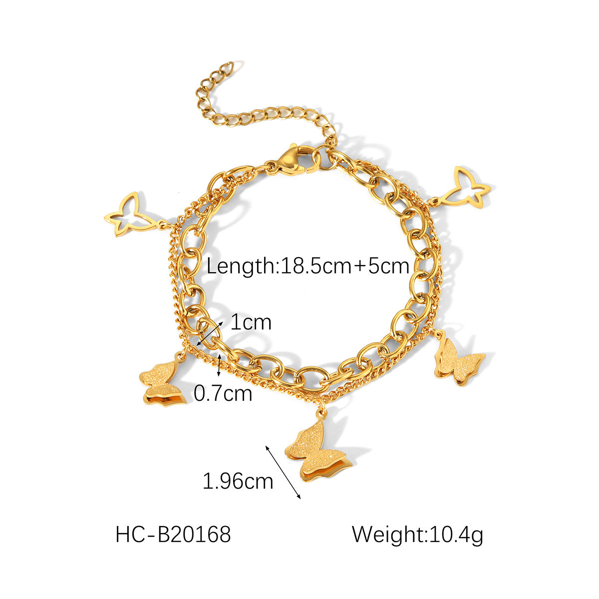 Fashion 18k Gold Stainless Steel Double-layer Layered Bracelet for Women, Non Fading Butterfly Pendant Titanium Steel Bracelet