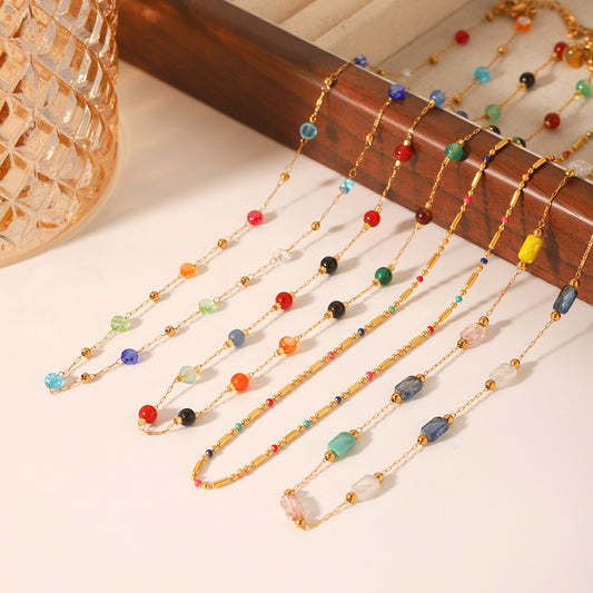 Dopamine Necklace Adorned with Colorful Beaded Stainless Steel, Featuring A Natural Stone Bead Clavicle Chain Design for Women