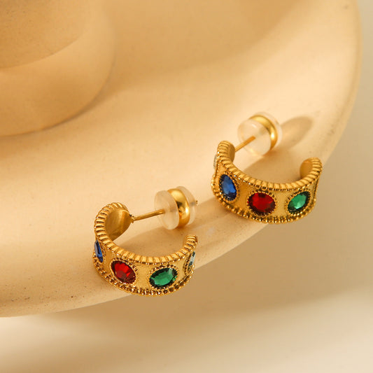 18K Gold C-type Stainless Steel Zircon Stud Earrings with A Light Luxury and Vintage Design, Titanium Steel Earrings for Women