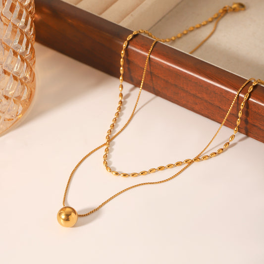 Double-layer stainless steel necklace, oval bead chain, Fried Dough Twists chain, small golden ball pendant, neck chain, titanium steel necklace accessory, does not fade