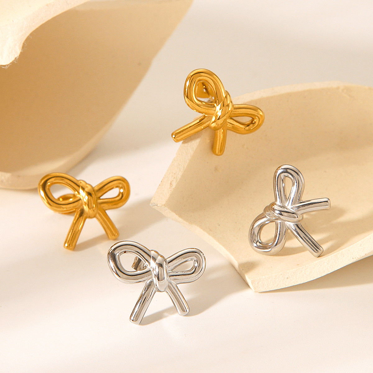 18k Gold Stainless Steel Bow Earrings for Women, Fashionable and Versatile Titanium Steel Earrings