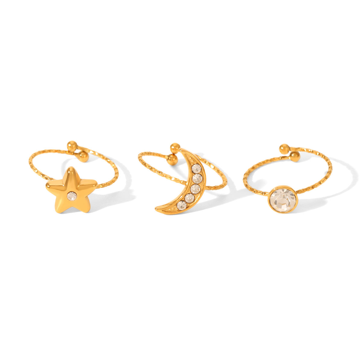 Stainless Steel Star Moon Zircon Ring for Women, Non-Fading Titanium Steel Ring, Unisex Design, Open Ring