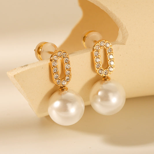 Oval 18K Gold Stainless Steel Diamond-encrusted Earrings for Women, Fashionable and Elegant, Versatile Pearl Earrings and Ear Jewelry
