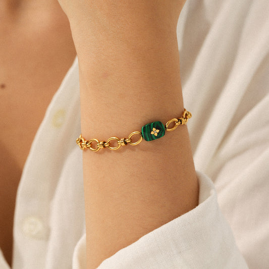 Stainless Steel Handmade Chain Malachite Pendant Bracelet, Versatile Titanium Steel Bracelet for Women, Light Luxury Jewelry