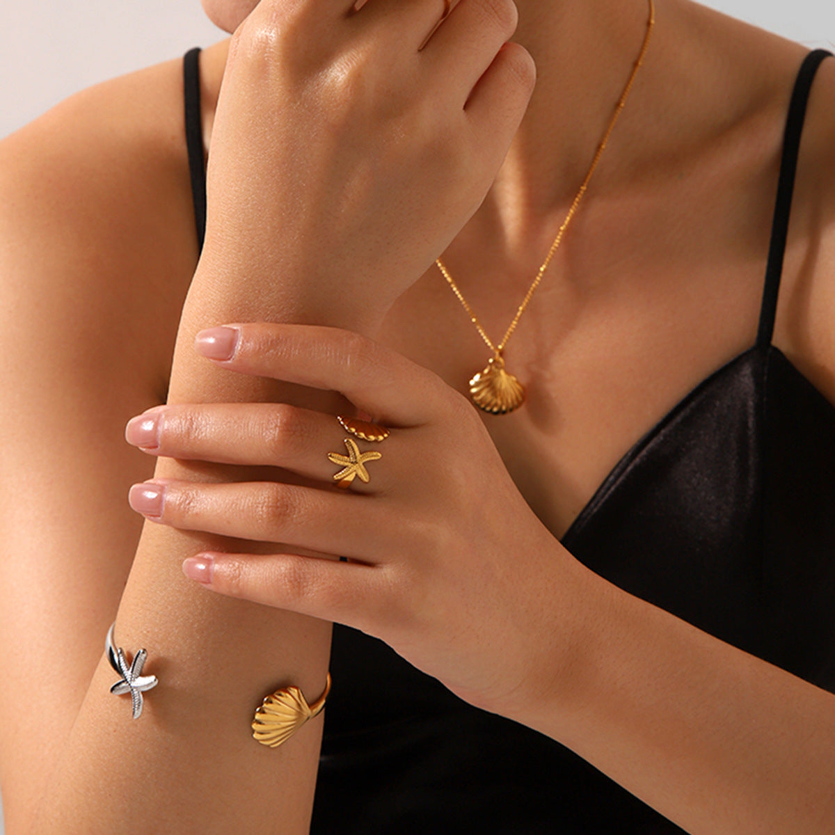 Stainless Steel Shell Pendant Necklace, Color Blocked Starfish Shell Bracelet, Women's Ocean Element Titanium Steel Ring